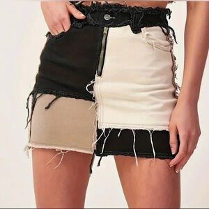 Color Block Patchwork Raw Trim Denim Skirt